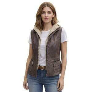 Jakett New York Leather Vest Removable Hood Brown Moto Zip Size M